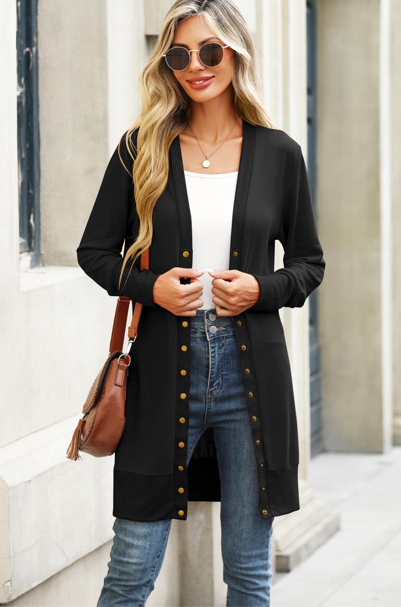 Halife Black Cardigan for Women Business Casual Button Up Cardigan V Neck Long Sleeve Lightweight Sweaters or Cardigans M - Image 2